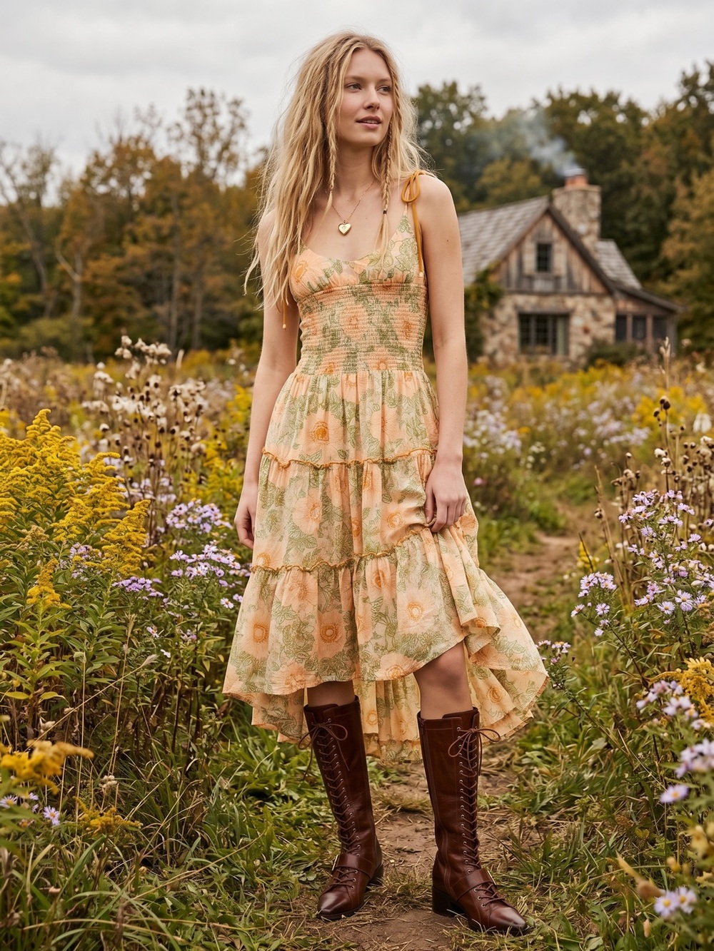 Free People Bohemian Dainty Cottage Adriel Tiered Midi Dress Ivory Floral Small